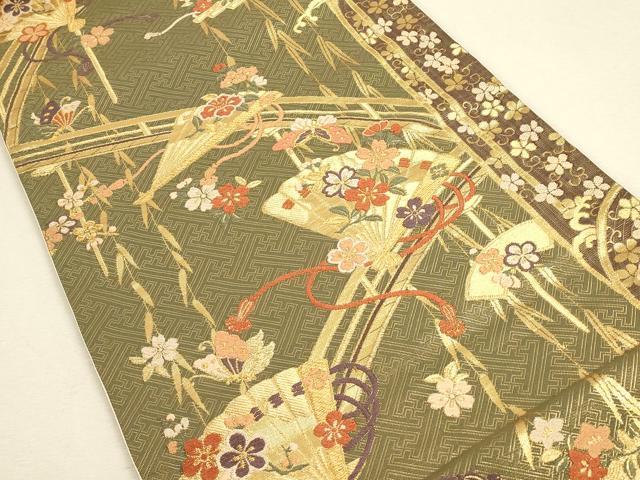 平和屋着物◎六通柄袋帯 渡り橋檜扇花文 金糸 正絹 逸品 CAAU1506ft