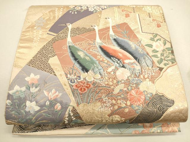 平和屋着物◎六通柄袋帯 唐織 群鶴花文 正絹 逸品 CAAU1518ft