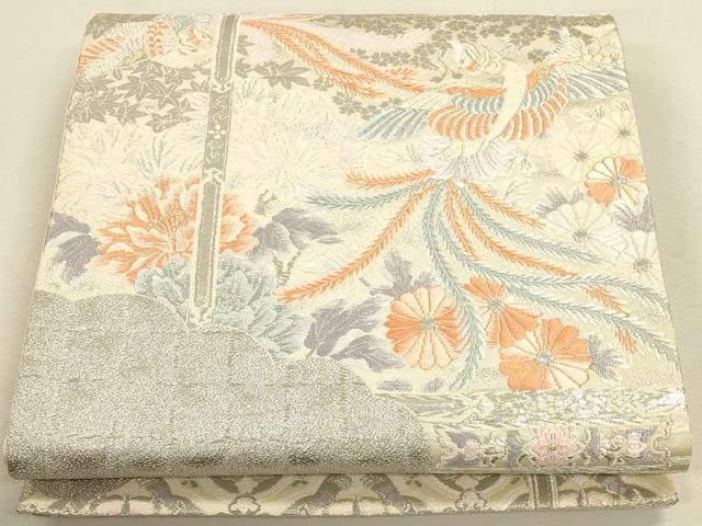 平和屋着物◎六通柄袋帯 唐織 尾長鳥花文 銀糸 正絹 逸品 CAAU1589ft