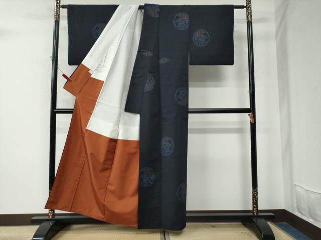 平和屋着物●結城紬 100亀甲 飛び亀甲 雪輪花文 正絹 逸品 CAAU1999yc