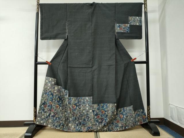 平和屋着物●訪問着 紬地 型染め 更紗草花文 黒地 正絹 逸品 未使用 CAAU2136yc