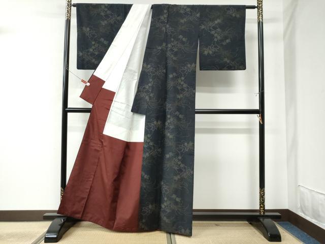 平和屋着物●上質な紬 乱菊花文 黒地 正絹 逸品 CAAU2208yc