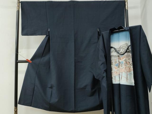 平和屋着物●男性 紬 アンサンブル 色無地 留紺色 正絹 逸品 CAAU2265yc