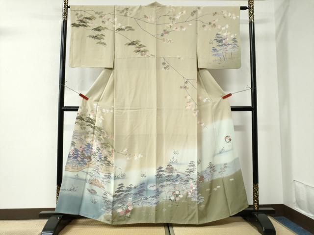 平和屋着物●高級染元 粋峰 林芳夫 京加賀友禅 訪問着 渡り橋松竹梅風景文 暈し染め 正絹 逸品 CAAU2482yc