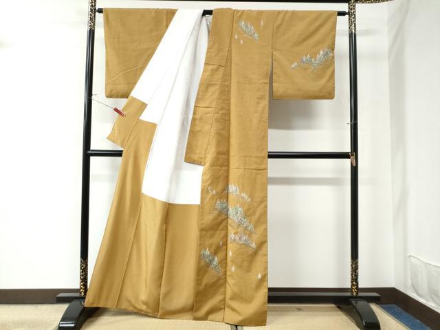 平和屋着物●本手描友禅作家 秋山章 訪問着 紬地 樹林文 正絹 逸品 CAAU2564yc