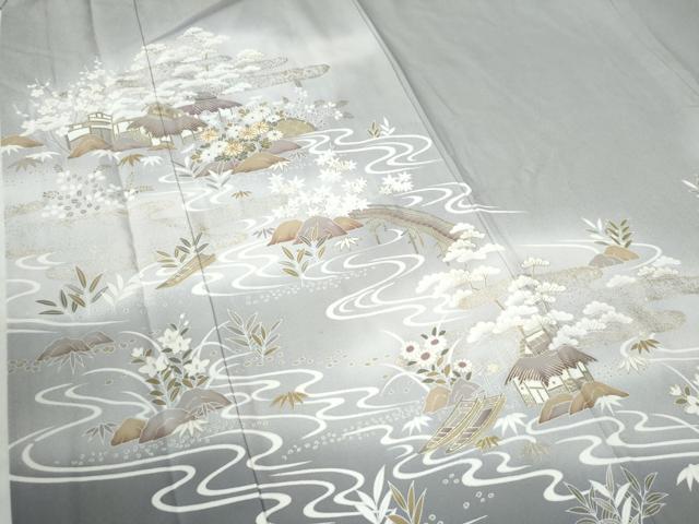 平和屋着物●訪問着 流水松竹梅渡り橋風景文 暈し染め 金彩 正絹 逸品 CAAU2589yc