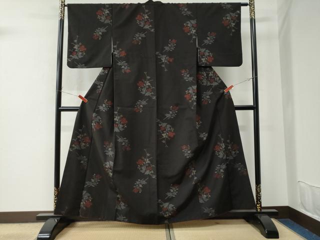平和屋着物●上質な紬 草花文 黒地 正絹 逸品 CAAU2597yc