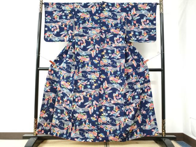 平和屋着物●上質な小紋 型染め 青海波草花文 鬼しぼ縮緬 正絹 逸品 CAAU2864yc