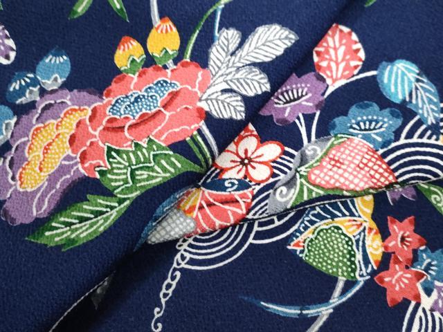 平和屋着物●上質な小紋 型染め 青海波草花文 鬼しぼ縮緬 正絹 逸品 CAAU2864yc