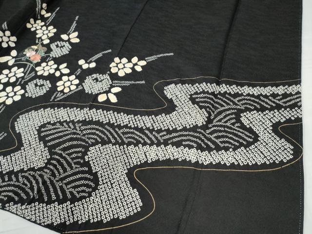 平和屋着物●訪問着 絞り 刺繍 草花文 黒地 金彩 正絹 逸品 CAAU2883yc