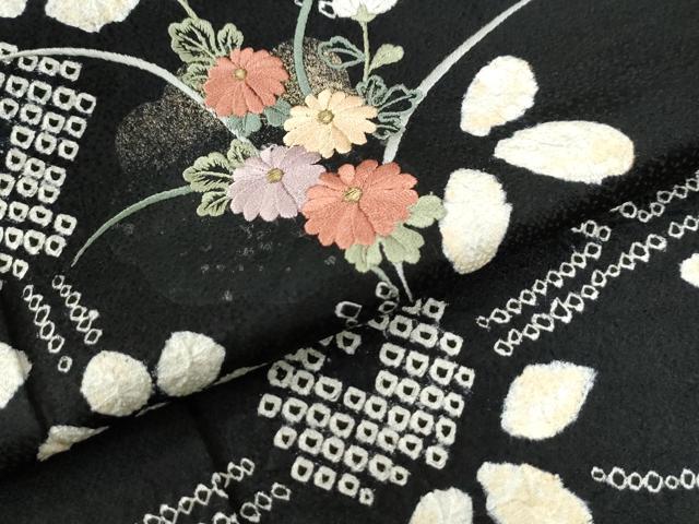 平和屋着物●訪問着 絞り 刺繍 草花文 黒地 金彩 正絹 逸品 CAAU2883yc