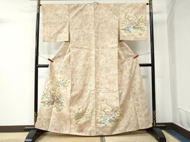 平和屋着物●訪問着 紬地 型染め 流水舟草花文 正絹 逸品 CAAU2922yc