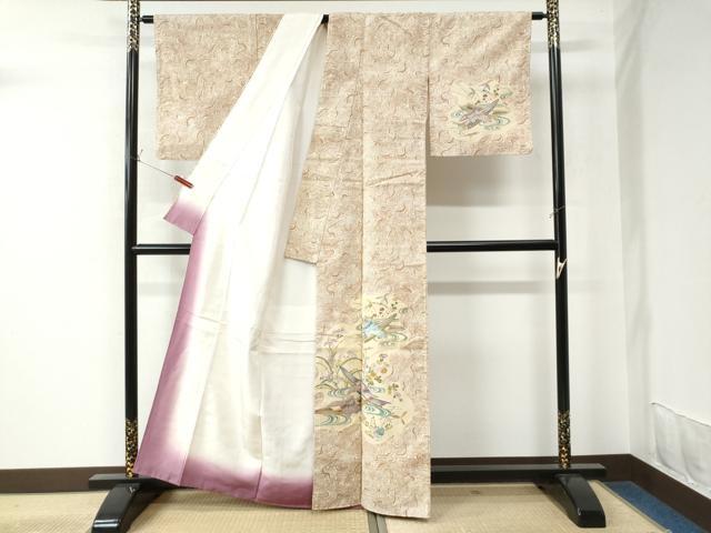 平和屋着物●訪問着 紬地 型染め 流水舟草花文 正絹 逸品 CAAU2922yc