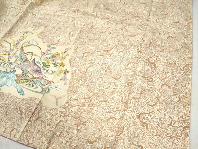 平和屋着物●訪問着 紬地 型染め 流水舟草花文 正絹 逸品 CAAU2922yc