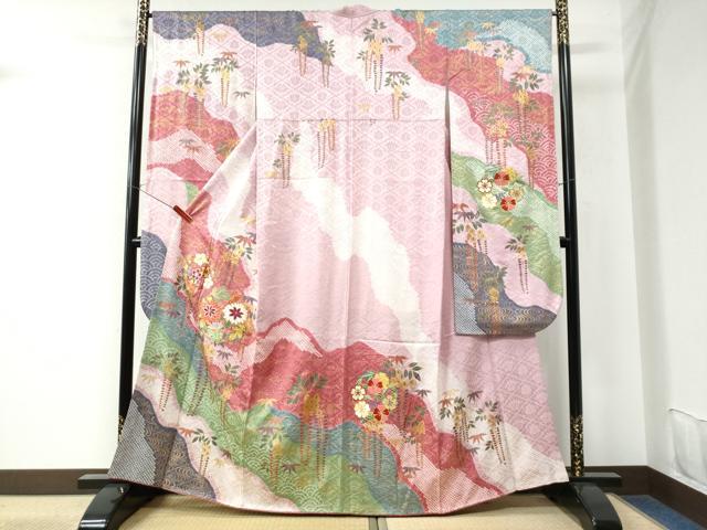 平和屋着物●豪華振袖 駒刺繍 絞り 道長流水枝垂れ草花文 ラメ糸 金彩 正絹 逸品 CAAU2982yc