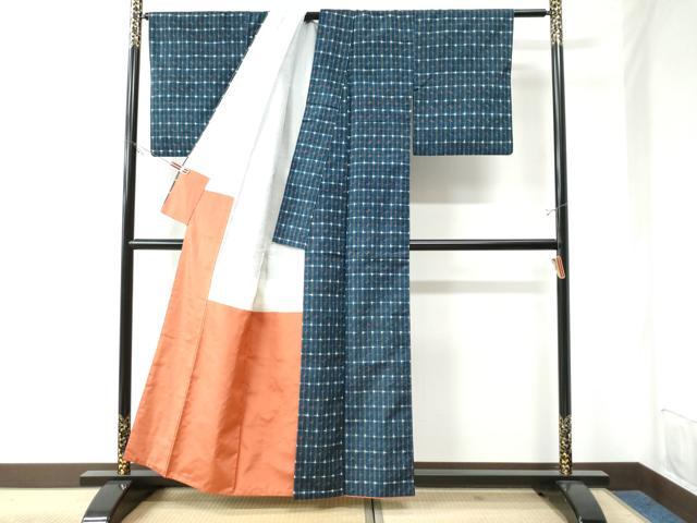平和屋着物●上質な紬 格子吉祥文 正絹 逸品 CAAU3000yc
