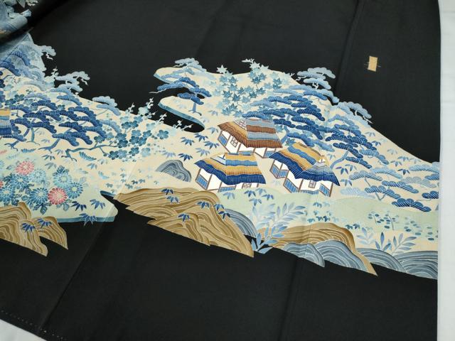 平和屋着物●本加賀友禅作家 奥原一就 黒留袖 流水松竹梅風景花文 正絹 逸品 CAAU3035yc