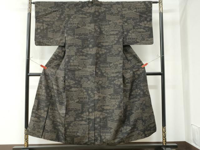 平和屋着物●結城紬 80亀甲 雲取り風景草花文 黒地 正絹 逸品 未使用 CAAU3058yc