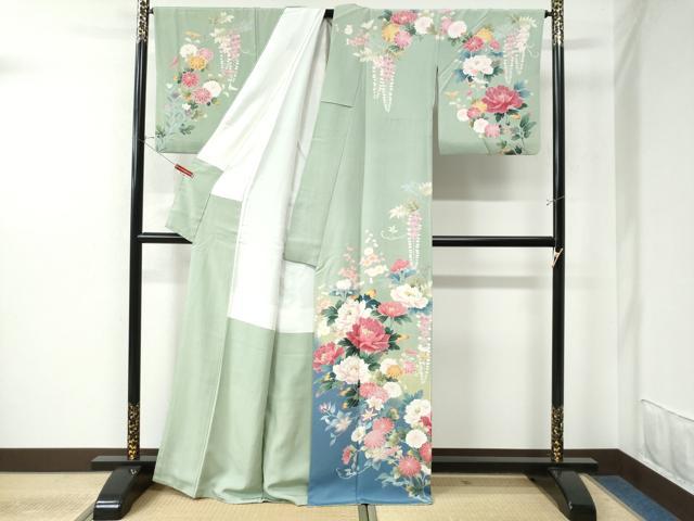 平和屋着物●訪問着 友禅 作家物 牡丹枝垂れ草花文 暈し染め 正絹 逸品 CAAU3103yc