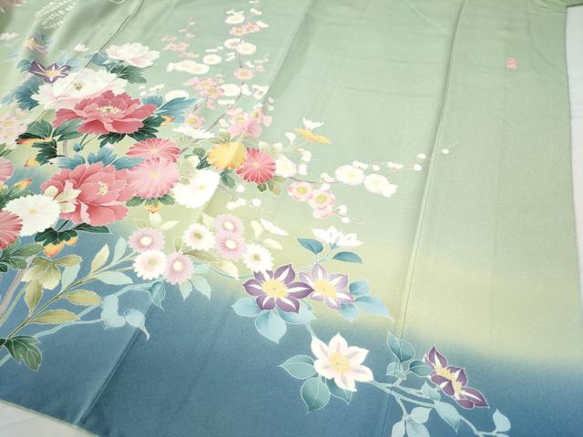 平和屋着物●訪問着 友禅 作家物 牡丹枝垂れ草花文 暈し染め 正絹 逸品 CAAU3103yc