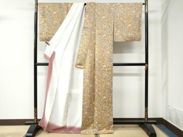 平和屋着物●琉球紅型 小紋 流水扇面草花文 反端付き 正絹 逸品 未使用 CAAU3181yc