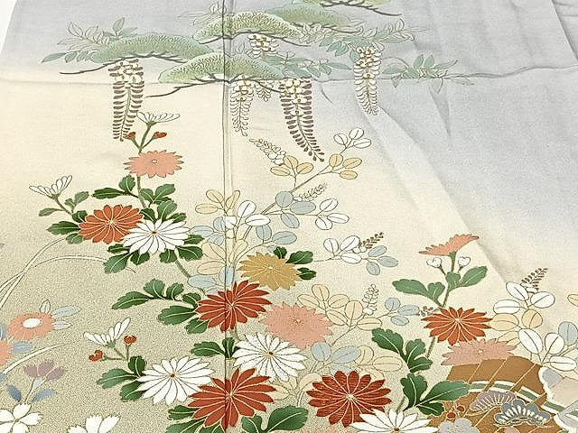 平和屋着物▽訪問着 単衣 風景草花文 暈し染め 金彩 正絹 逸品 CAAU3796xi