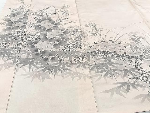 平和屋着物▽訪問着 単衣 紬地 手描き 草花文 正絹 逸品 CAAU3823xi