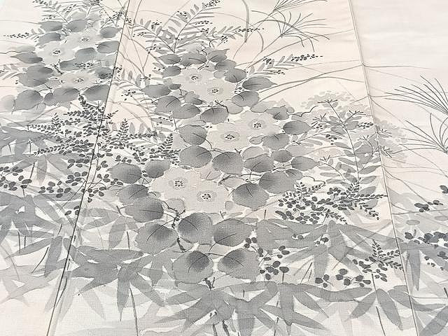 平和屋着物▽訪問着 単衣 紬地 手描き 草花文 正絹 逸品 CAAU3823xi