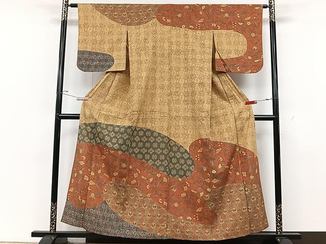平和屋着物▽訪問着 単衣 紬地 更紗花文 ますいわ屋扱い 正絹 逸品 CAAU3827xi