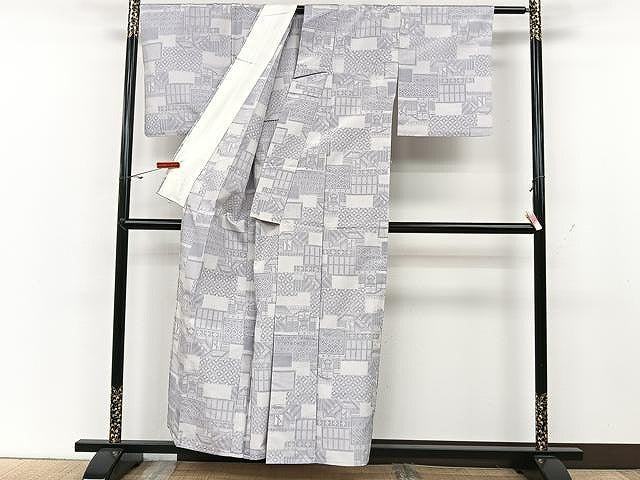 平和屋着物▽上質な紬 単衣 色紙吉祥文 正絹 逸品 CAAU3828xi