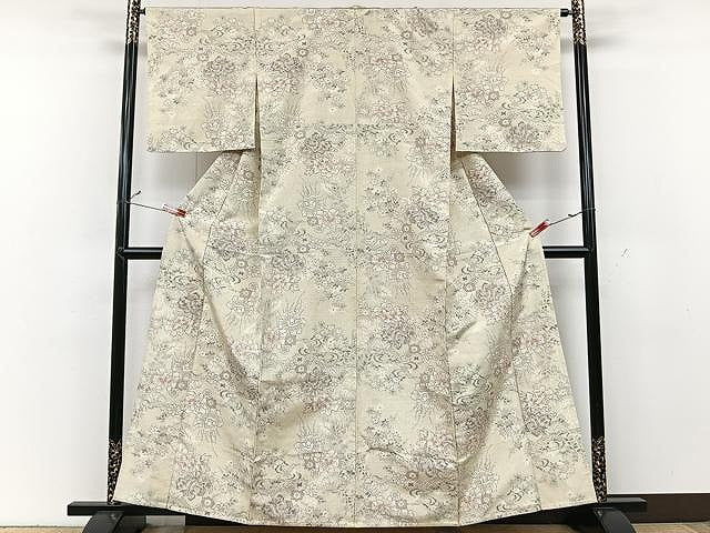 平和屋着物▽上質な紬 単衣 草花文 正絹 逸品 CAAU3829xi