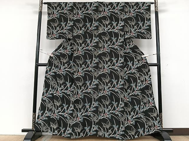 平和屋着物▽上質な小紋 単衣 草花文 黒地 正絹 逸品 CAAU3837xi