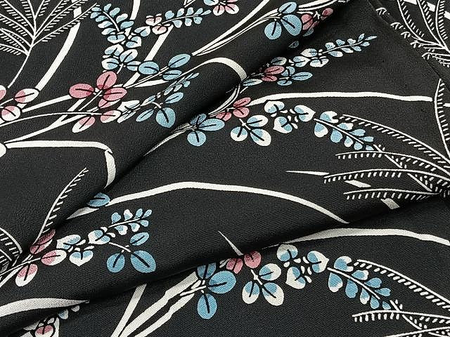 平和屋着物▽上質な小紋 単衣 草花文 黒地 正絹 逸品 CAAU3837xi