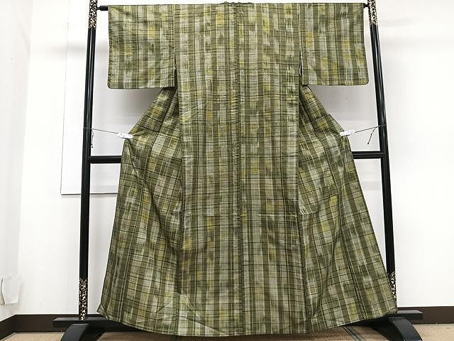 平和屋着物▽上質な紬 単衣 格子柄 正絹 逸品 CAAU3877xi