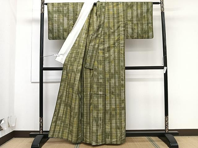 平和屋着物▽上質な紬 単衣 格子柄 正絹 逸品 CAAU3877xi