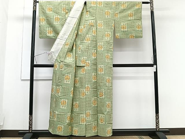 平和屋着物▽上質な紬 単衣 市松花文 正絹 逸品 CAAU3889xi
