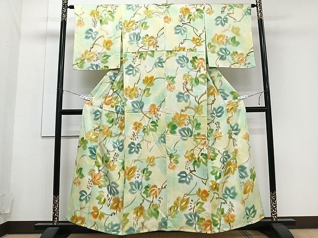 平和屋着物▽上質な小紋 単衣 手描き 葡萄蔦の葉文 暈し染め 正絹 逸品 CAAU3890xi