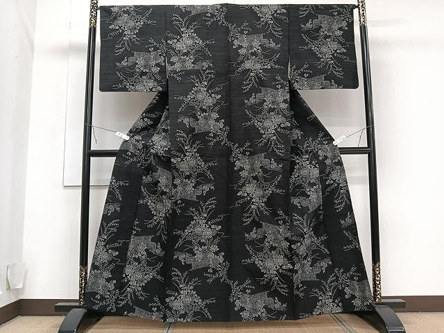 平和屋着物▽上質な紬 単衣 草花文 黒地 正絹 逸品 CAAU3900xi