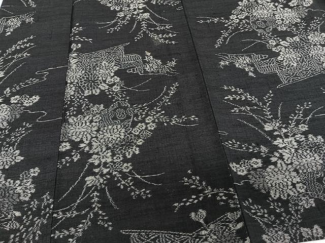 平和屋着物▽上質な紬 単衣 草花文 黒地 正絹 逸品 CAAU3900xi