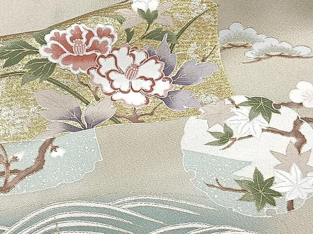 平和屋着物▽色留訪問着 単衣 駒刺繍 流水草花文 金彩 正絹 逸品 CAAU3910xi
