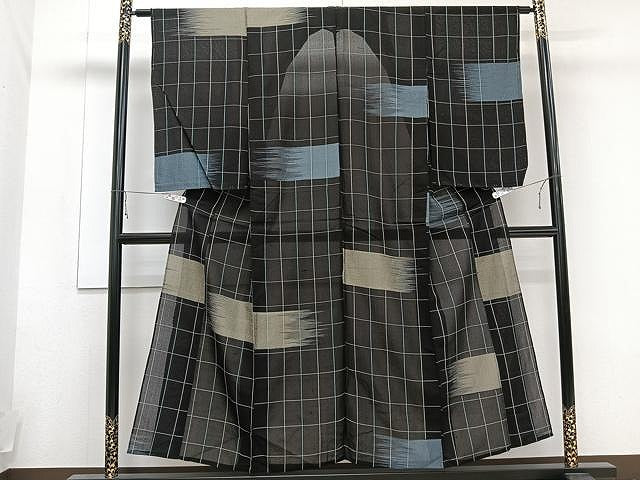 平和屋着物▽上質なお召 単衣 霞格子文 黒地 正絹 逸品 未使用 CAAU3927xi