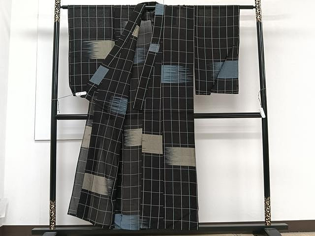平和屋着物▽上質なお召 単衣 霞格子文 黒地 正絹 逸品 未使用 CAAU3927xi