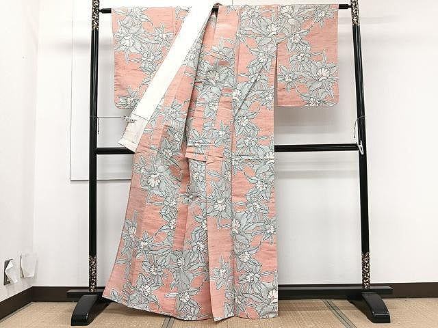 平和屋着物▽上質な紬 単衣 舞花文 正絹 逸品 CAAU3930xi