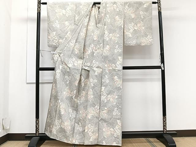 平和屋着物▽上質な紬 単衣 花唐草文 正絹 逸品 CAAU3937xi