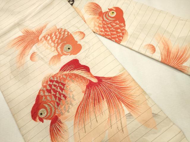 平和屋着物*夏物 アンティーク 大正ロマン 九寸名古屋帯 刺繍 金魚 金銀糸 正絹 逸品 CAAU4031eg
