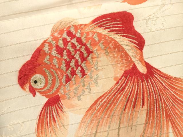 平和屋着物*夏物 アンティーク 大正ロマン 九寸名古屋帯 刺繍 金魚 金銀糸 正絹 逸品 CAAU4031eg