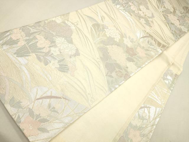 平和屋着物*夏物 六通柄袋帯 流水草花文 銀糸 正絹 逸品 CAAU4165eg