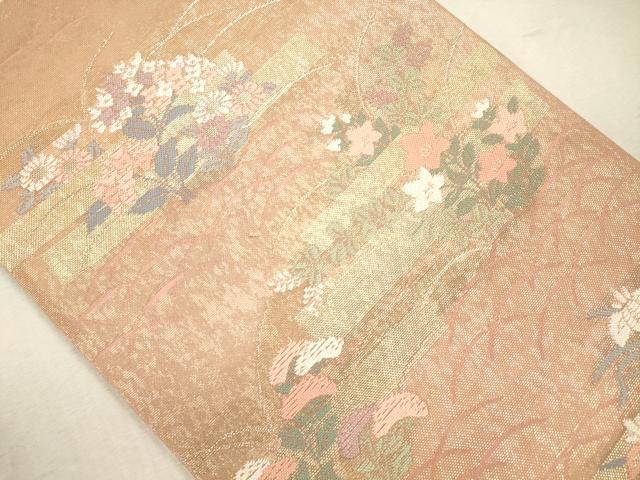 平和屋着物*夏物 六通柄袋帯 横段芝草花文 金糸 正絹 逸品 CAAU4326eg