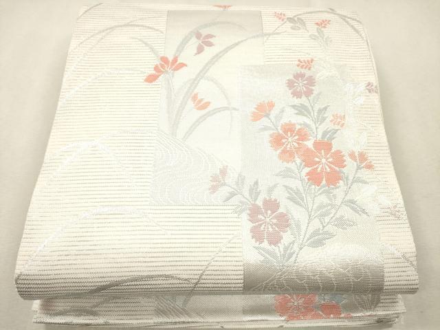 平和屋着物*夏物 六通柄袋帯 短冊草花文 銀糸 CAAU4392eg