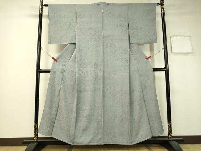 平和屋着物▽上質な色無地 単衣 草花文 灰青色 三越扱い 正絹 逸品 CAAU5399vp